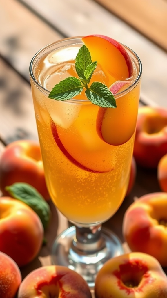 Peach Bourbon Collins Cocktail Recipe A refreshing Peach Bourbon Collins cocktail with peach slices and mint on a wooden table with fresh peaches.
